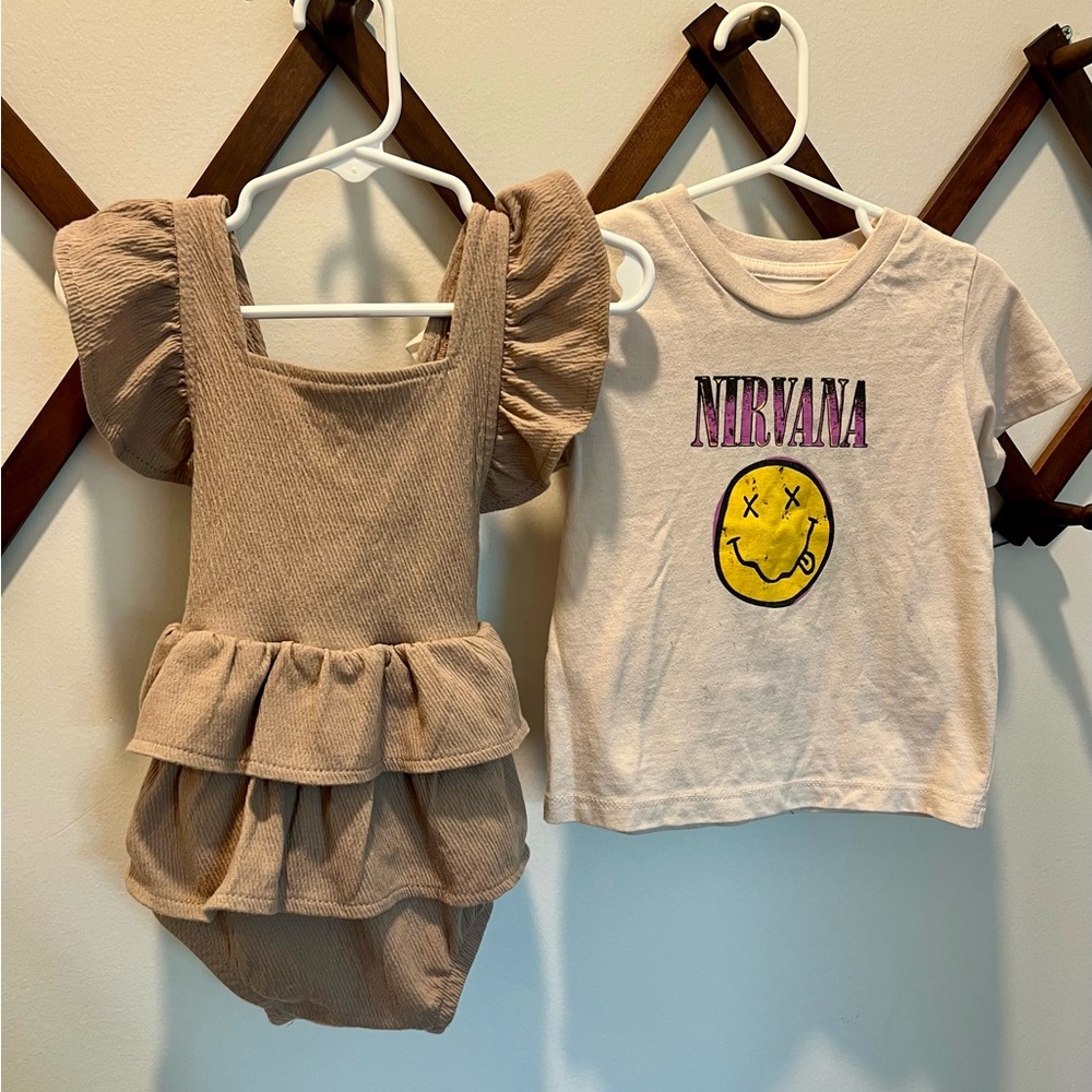 Baby toddler girl bundle Tan Ruffled Romper and Nirvana Graphic Tee 18 months